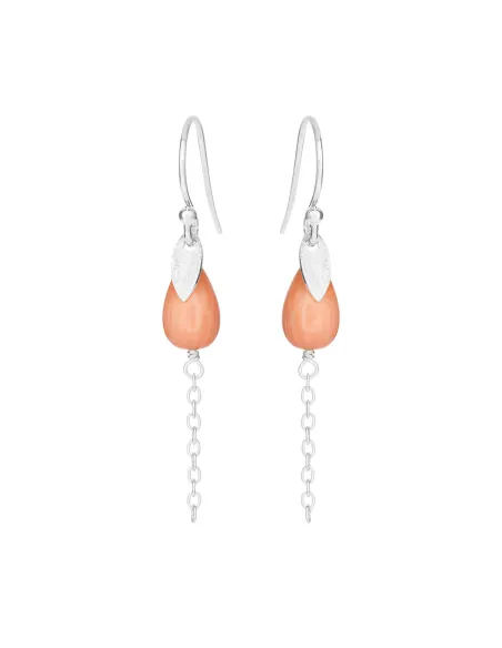 SUSANNE FRIIS BJØRNER | Ørering (bøjle), sølv, lille blad og laksefarvet søbambus dråbe