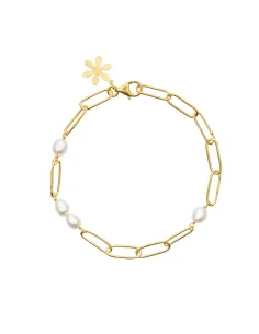 SUSANNE FRIIS BJØRNER | Armbånd 21 cm, forgyldt sølv, rektangulære blanke led cirka 15 mm og hvide ferskvandsperler