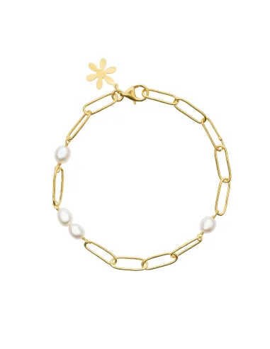 SUSANNE FRIIS BJØRNER | Armbånd 21 cm, forgyldt sølv, rektangulære blanke led cirka 15 mm og hvide ferskvandsperler