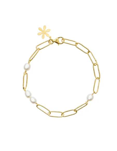 SUSANNE FRIIS BJØRNER | Armbånd 21 cm, forgyldt sølv, rektangulære blanke led cirka 15 mm og hvide ferskvandsperler