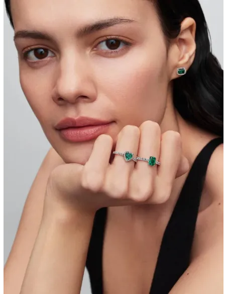 PANDORA | Rektangulær Funklende Grøn Halo Ring