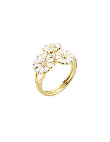 LUND COPENHAGEN | Marguerit ring med buket 2x7mm og 1x9mm 24 kt forgyldt hvid emalje