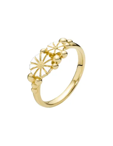 LUND COPENHAGEN | Marguerit ring med kugler 1x5mm og 1x7,5mm 24kt forgyldt hvid emajle