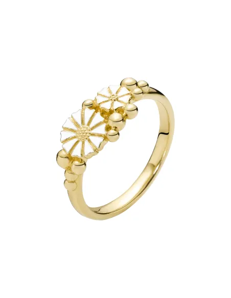 LUND COPENHAGEN | Marguerit ring med kugler 1x5mm og 1x7,5mm 24kt forgyldt hvid emajle