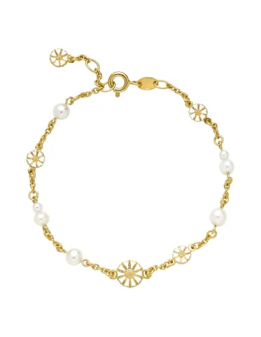 LUND COPENHAGEN | Marguerit armbånd 4x5mm og 1x7,5mm 7 stk ferskvandsperle 24kt forgyldt hvid emajle