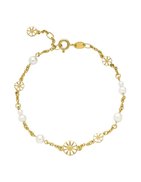 LUND COPENHAGEN | Marguerit armbånd 4x5mm og 1x7,5mm 7 stk ferskvandsperle 24kt forgyldt hvid emajle