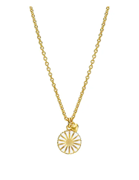 Lund Copenhagen | Marguerit collier 11mm med mat hjerte 24 kt forgyldt hvid emalje