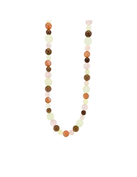 Susanne Friis Bjørner | Halskæde 42-47 cm, forgyldt sølv, miks af lys grøn serpentin, peach månesten, rosenkvarts og røgkvarts
