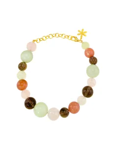 Susanne Friis Bjørner | Armbånd 18-22 cm, forgyldt sølv, miks af lys grøn serpentin, peach månesten, rosenkvarts og røgkvarts