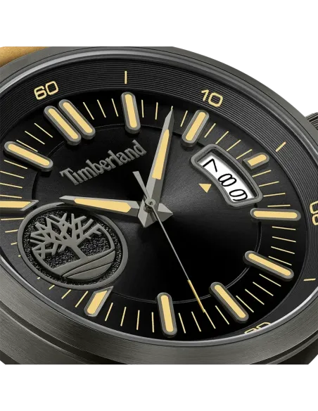 Closeup af Timberland Trumbul TDWGB0041006 med sort urskive, varme markeringer og dato