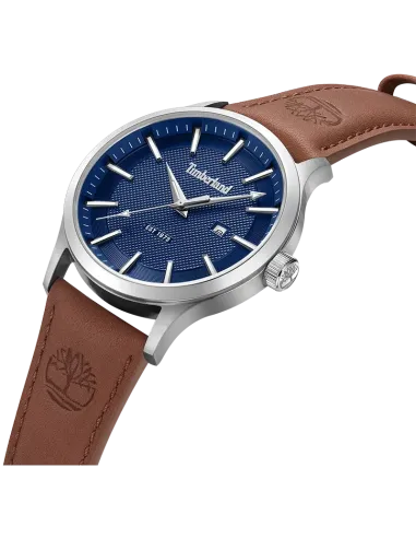 Timberland Trumbull TDWGB0041001 set skråt med blå urskive, stålkasse og brun læderrem