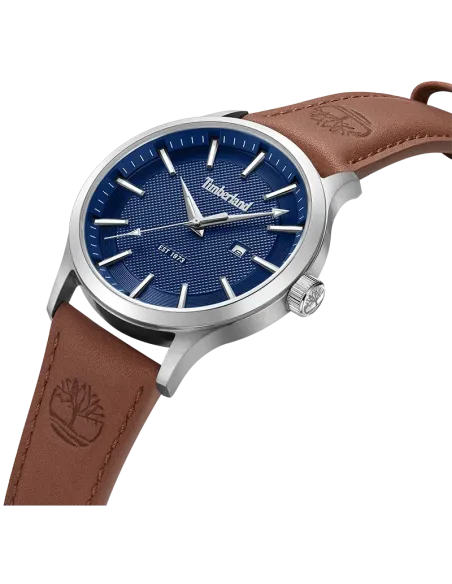 Timberland Trumbull TDWGB0041001 set skråt med blå urskive, stålkasse og brun læderrem