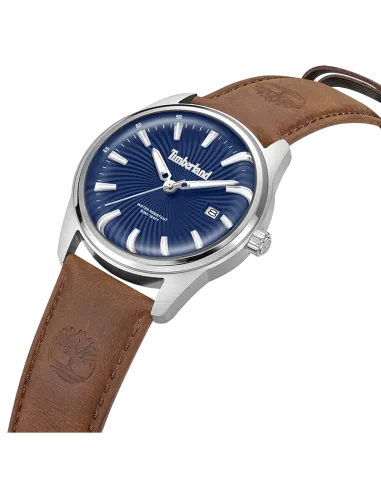 Timberland Birch Road TDWGB0083103 set skråt med blå urskive, sølvfarvet stålkasse og brun læderrem