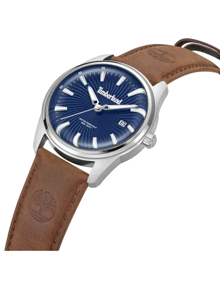 Timberland Birch Road TDWGB0083103 set skråt med blå urskive, sølvfarvet stålkasse og brun læderrem