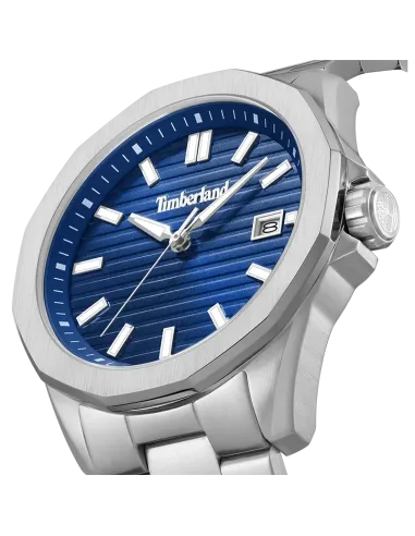 Nærbillede af Timberland Breton Woods TDWGH0113001 med blå urskive, vandrette riller og datovisning