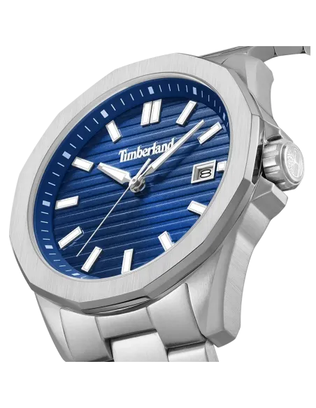 Nærbillede af Timberland Breton Woods TDWGH0113001 med blå urskive, vandrette riller og datovisning