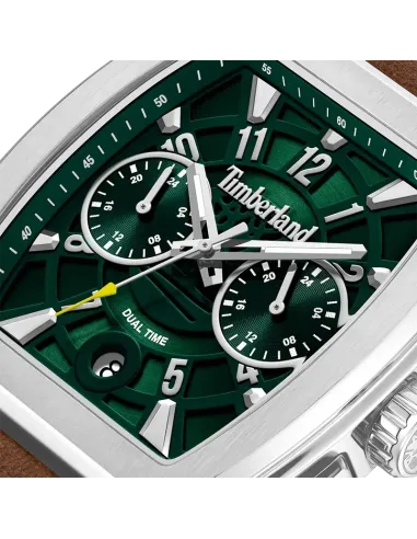 Nærbillede af grøn urskive med Dual Time og dato på Timberland Morristown TDWGF0094102