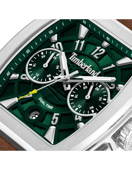 Nærbillede af grøn urskive med Dual Time og dato på Timberland Morristown TDWGF0094102