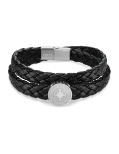 BERING | Sort flettet læderarmbånd med kompas – 18 cm – 668-816-180