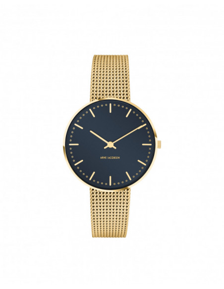 ARNE JACOBSEN - CITY HALL 34 MM oxford blå skivefarve blank guld topring og mat guld meshlænke rem størrelse 16 mm ARNE JACOBSEN - CITY HALL 34 MM oxford blå skivefarve blank guld topring og mat guld meshlænke rem størrelse 16 mm