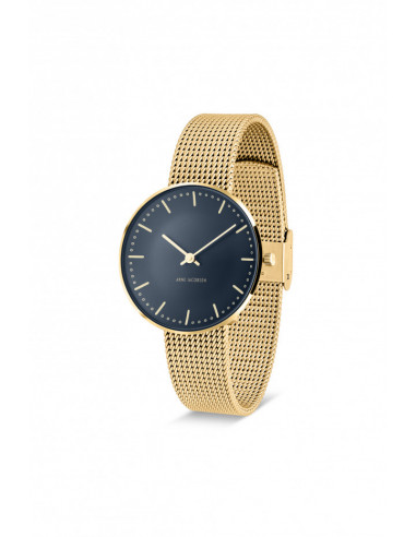 ARNE JACOBSEN - CITY HALL 34 MM oxford blå skivefarve blank guld topring og mat guld meshlænke rem størrelse 16 mm