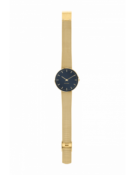 ARNE JACOBSEN - CITY HALL 34 MM oxford blå skivefarve blank guld topring og mat guld meshlænke rem størrelse 16 mm ARNE JACOBSEN - CITY HALL 34 MM oxford blå skivefarve blank guld topring og mat guld meshlænke rem størrelse 16 mm