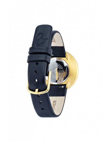 ARNE JACOBSEN - CITY HALL 34 MM oxford blå skivefarve blank guld topring og oxford blå læderrem remstørrelse 16 mm