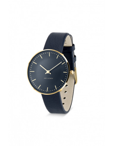 ARNE JACOBSEN - CITY HALL 34 MM oxford blå skivefarve blank guld topring og oxford blå læderrem remstørrelse 16 mm