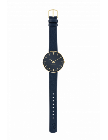 ARNE JACOBSEN - CITY HALL 34 MM oxford blå skivefarve blank guld topring og oxford blå læderrem remstørrelse 16 mm
