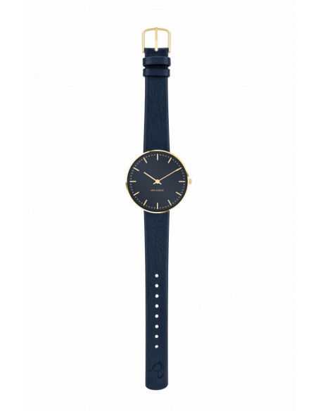 ARNE JACOBSEN - CITY HALL 34 MM oxford blå skivefarve blank guld topring og oxford blå læderrem remstørrelse 16 mm ARNE JACOBSEN - CITY HALL 34 MM oxford blå skivefarve blank guld topring og oxford blå læderrem remstørrelse 16 mm