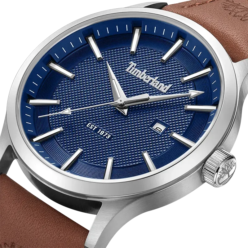 Closeup af Timberland Trumbull TDWGB0041001 med mønstret blå urskive og dato