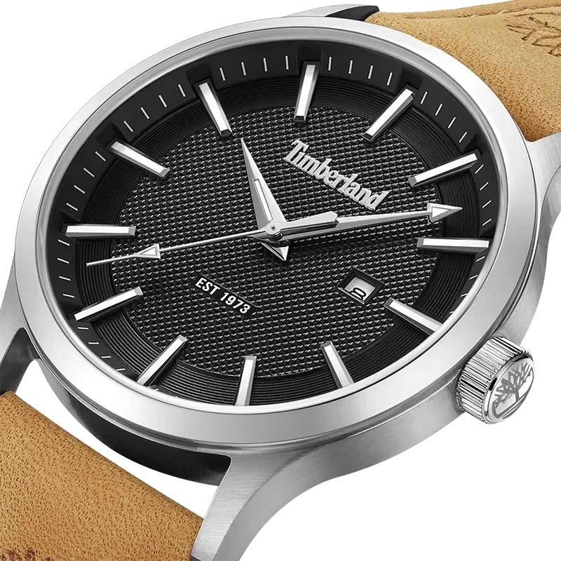 Closeup af Timberland Trumbull TDWGB0041003 med mønstret sort urskive og dato