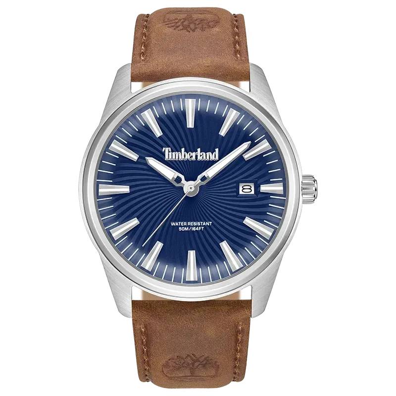 Front af Timberland Birch Road TDWGB0083103 med mønstret blå urskive og dato