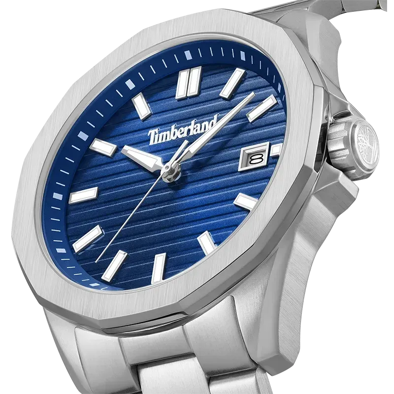 Nærbillede af Timberland Breton Woods TDWGH0113001 med blå rillet urskive og dato