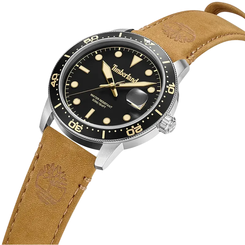 Timberland Peatfield TDWGB00834X0 set skråt med sort urskive og gyldenbrun læderrem