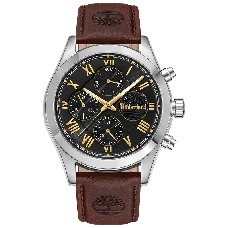 Timberland Ashmont TDWGF0082601 med sort urskive, guldfarvede detaljer og brun læderrem